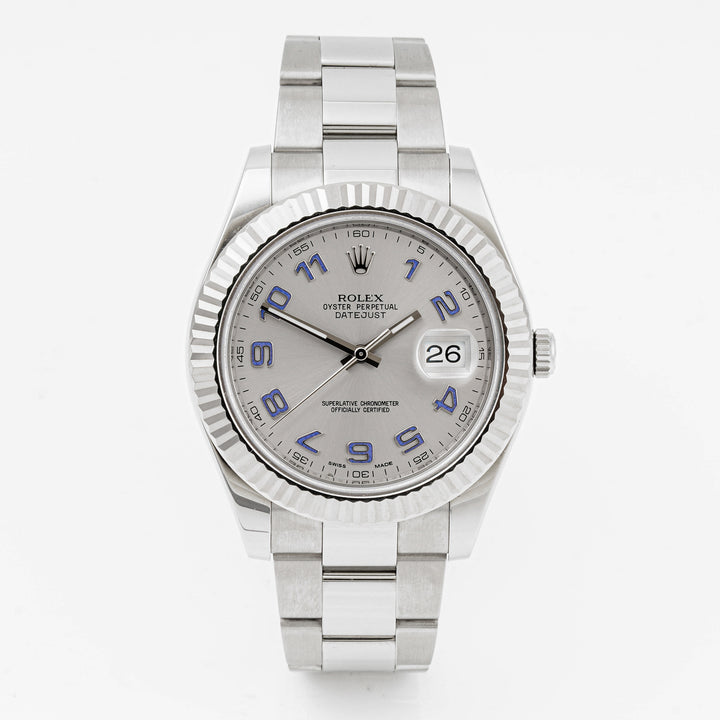 Rolex Datejust II 41mm Stainless Steel & White Gold 116334 Silver Dial | Arabic Numerals hour markers, Fluted bezel