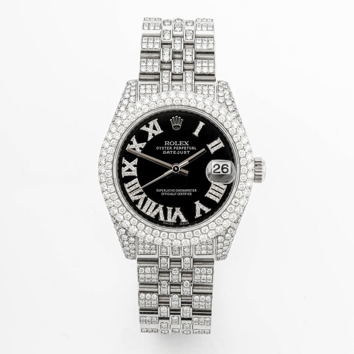 Rolex Datejust 31 mm White Gold & Stainless Steel 178274 Black Dial | Diamond Roman hour markers, Fluted bezel