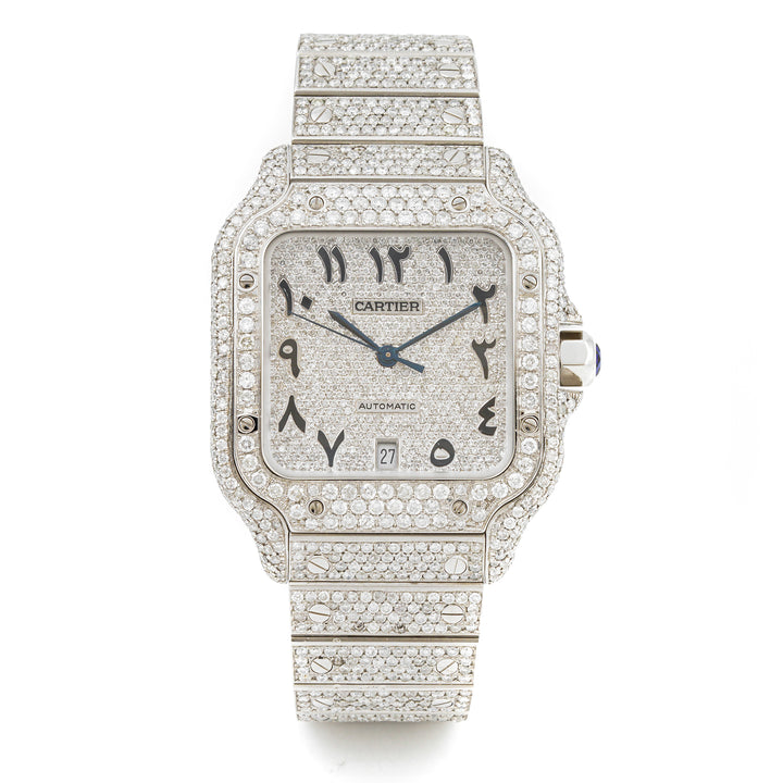 Cartier Santos 38 mm Stainless Steel 4072 Pave Diamond Dial | Arabic Script hour markers, Diamond bezel