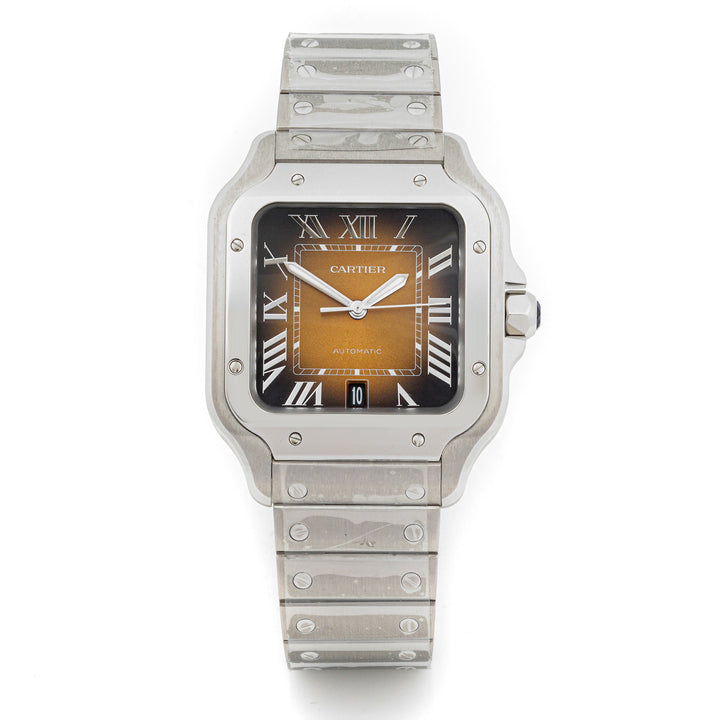 Cartier Santos 38 mm Stainless Steel 4072 Brown Dial | Roman Numerals hour markers, Smooth bezel