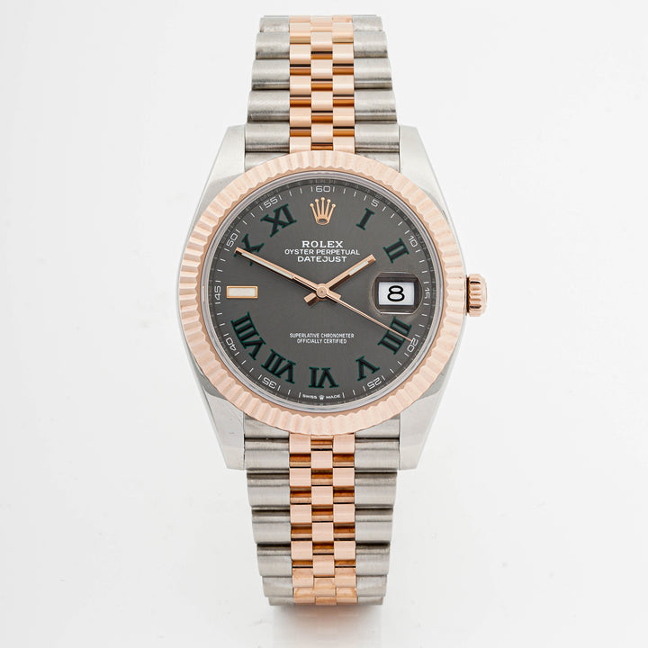 Rolex Datejust  41mm Stainless Steel & Rose Gold 126331 Wimbledon Rhodium Dial | Roman Numerals hour markers, Fluted bezel