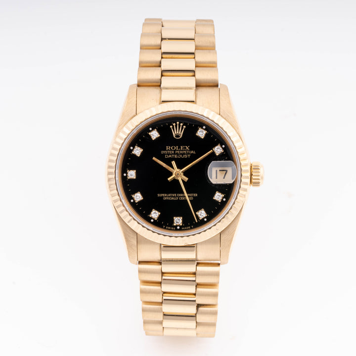 Rolex Datejust 31mm Yellow Gold 68278 Black Dial | Diamond hour markers| Fluted bezel