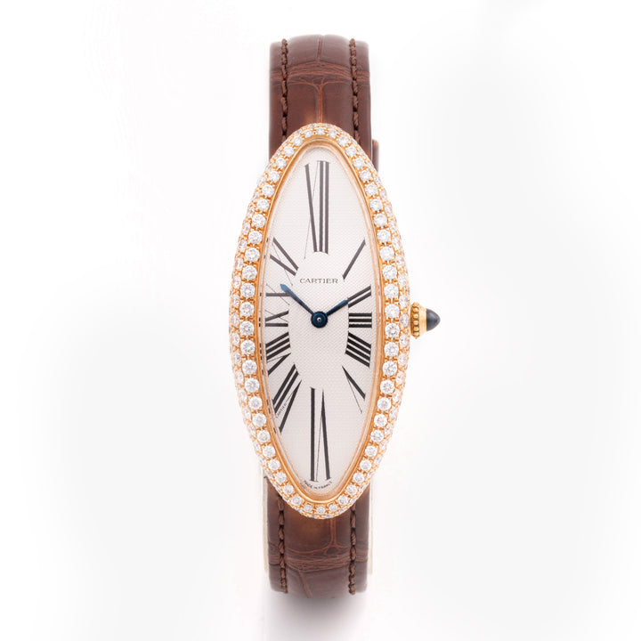 Cartier Baignoire Allongée 21 mm x 47 mm Rose Gold 2606 Silver  Dial | Roman Numerals hour markers, Diamond bezel