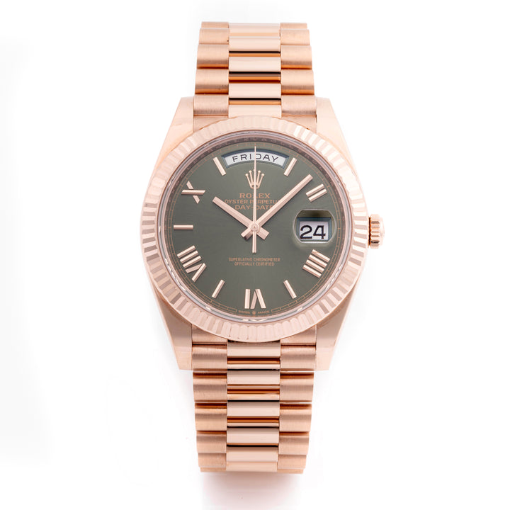Rolex Day-Date 40mm Rose Gold 228235 Green  Dial | Roman Numerals hour markers, Fluted bezel