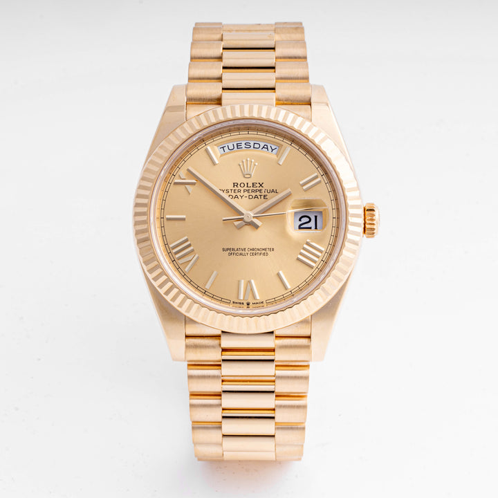 Rolex Day-Date 40mm Yellow Gold 228238 Champagne  Dial | Roman Numerals hour markers, Fluted bezel
