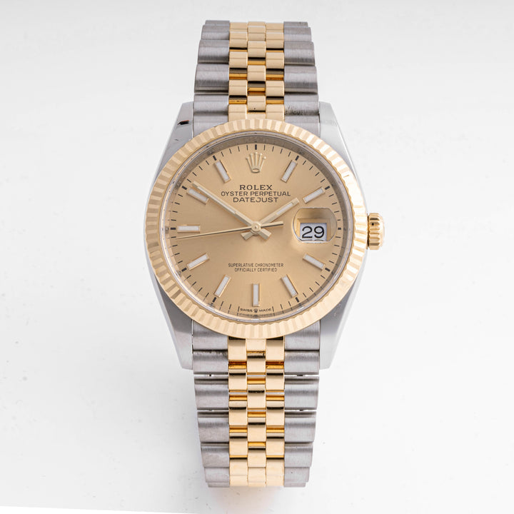 Rolex Datejust 36 mm Yellow Gold & Stainless Steel 126233 Champagne  Dial | Stick hour markers, Fluted bezel