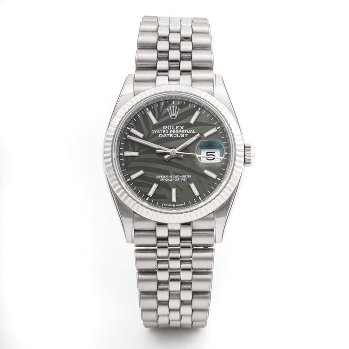 Rolex Datejust 36 mm White Gold & Stainless Steel 126234 Green Palm Dial | Index hour markers, Fluted bezel