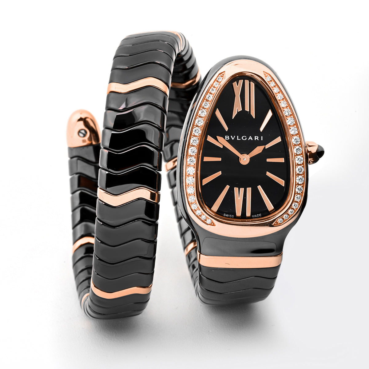 Bvlgari Serpenti Black Ceramic & Rose Gold Black Dial One Row SPC35BG