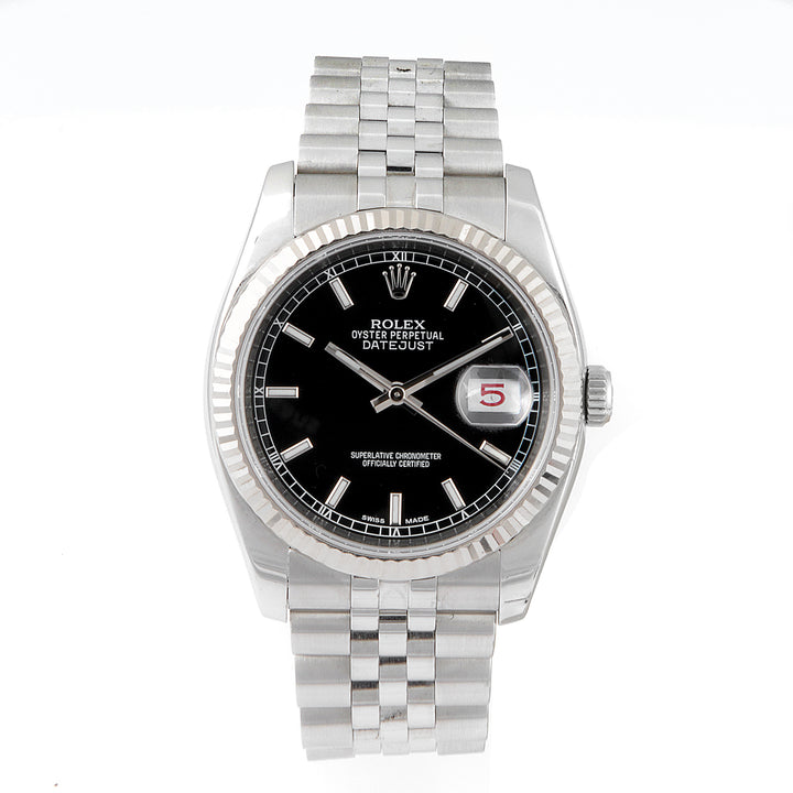 Rolex Datejust 36mm Stainless Steel & White Gold 116234 Black Dial | Index hour markers, Fluted bezel
