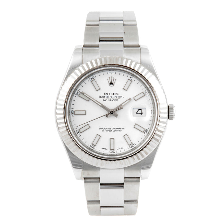Rolex Datejust 41mm Stainless Steel & White Gold 116334 White Dial | Index hour markers, Fluted bezel