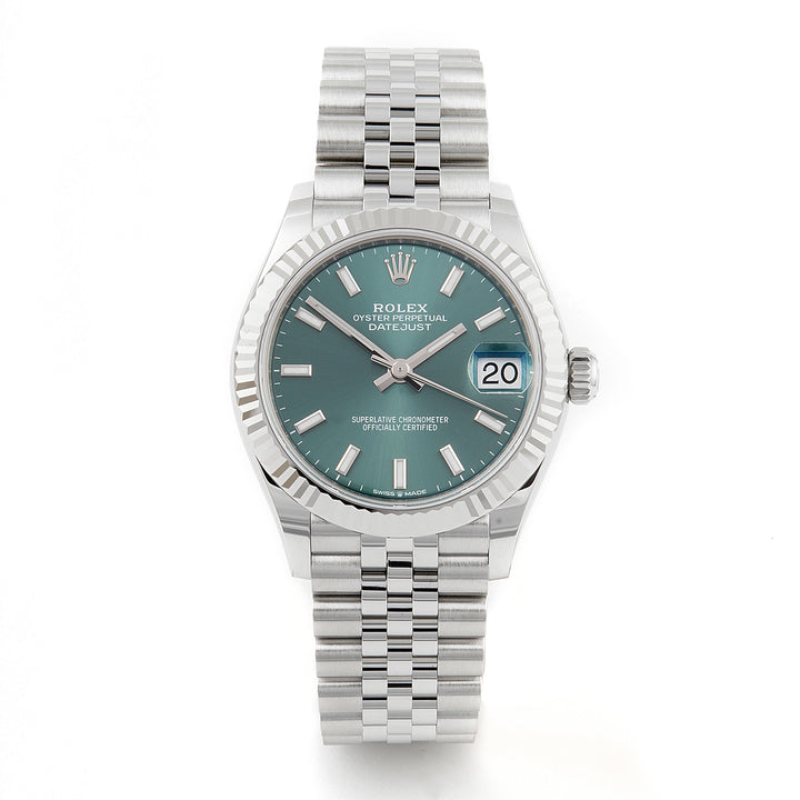 Rolex Datejust 31mm Stainless Steel & White Gold 278274 Mint Green Dial | Index hour markers, Fluted bezel