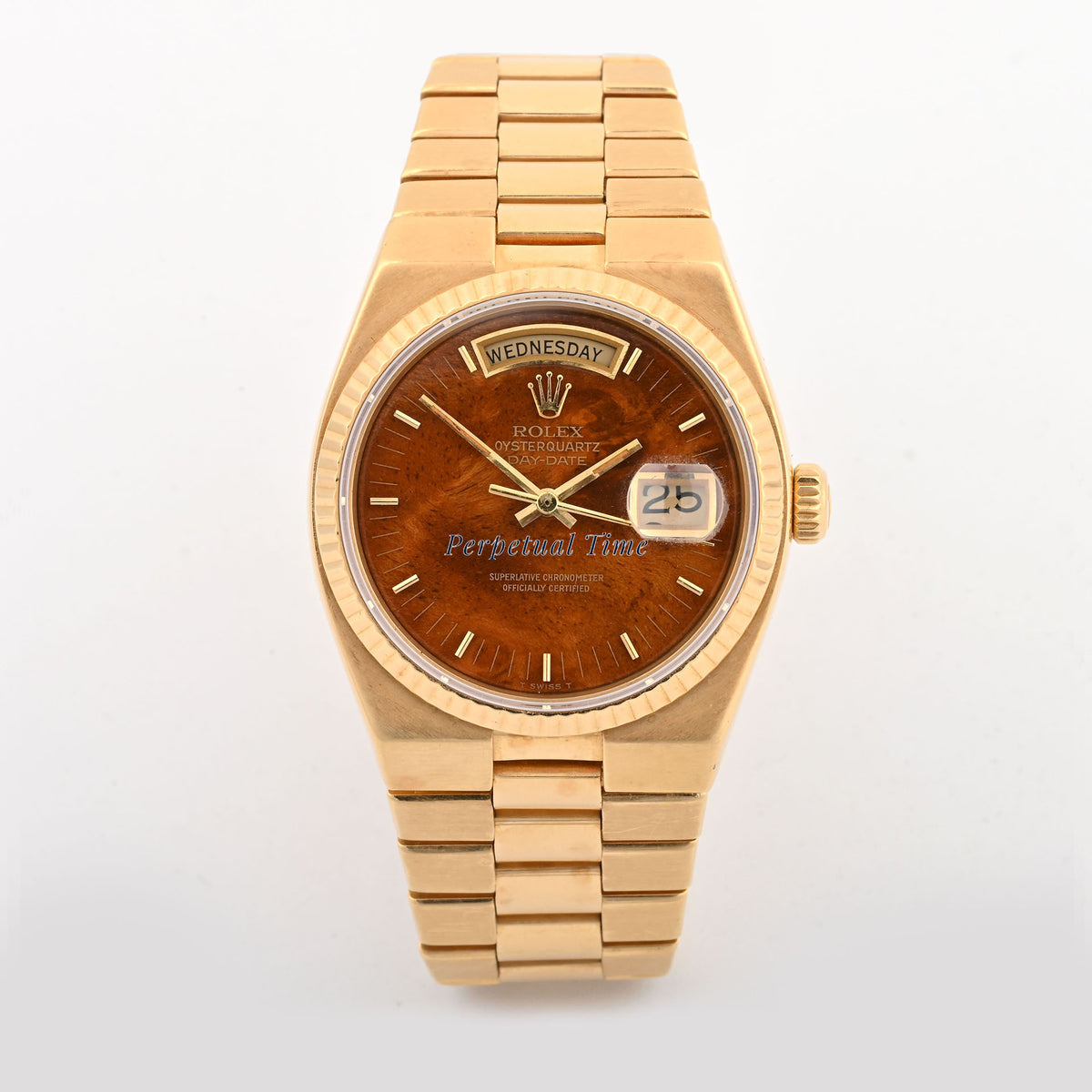 Rolex Day-Date 36mm Oysterquartz Yellow Gold Burlwood Dial 19018