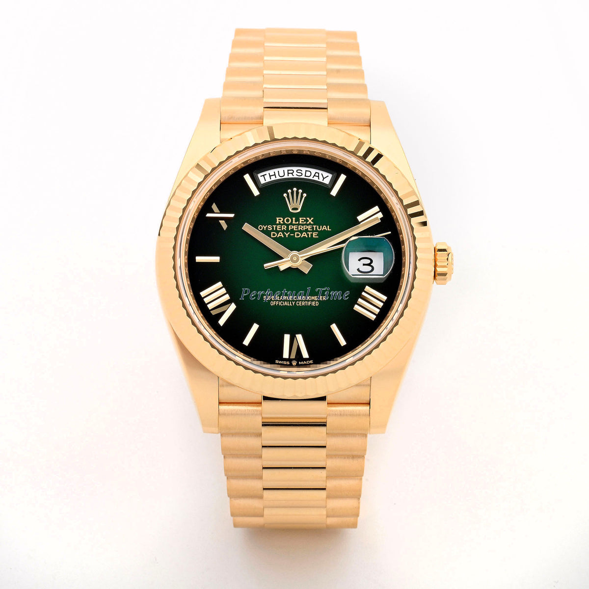 Rolex Day-Date 40mm Green Ombré Roman Dial 228238 Fluted Bezel President Band