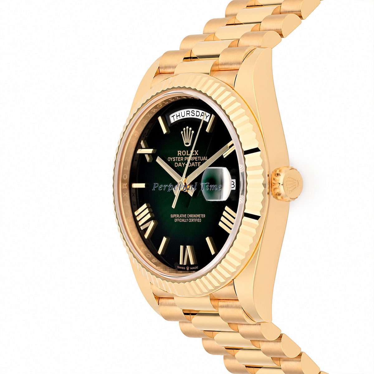 Rolex Day-Date 40mm Green Ombré Roman Dial 228238 Fluted Bezel President Band