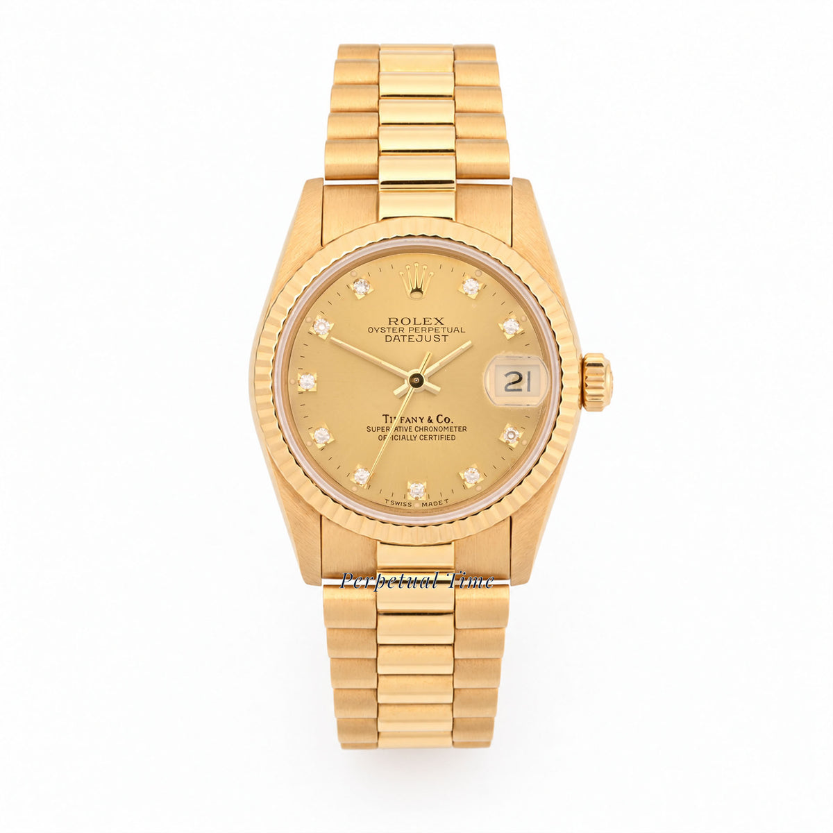 Rolex Datejust 31 Champagne Diamond Tiffany & Co Stamp Dial 68278 Fluted Bezel President Band