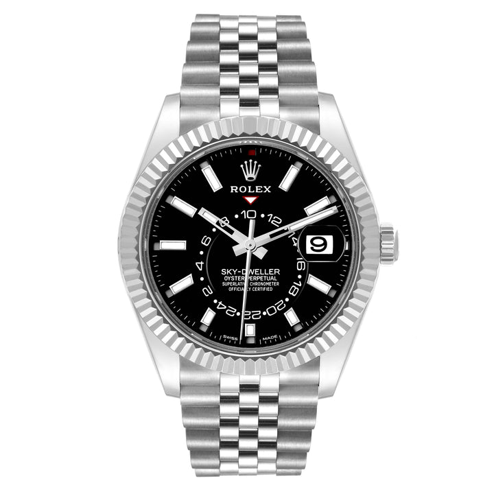 ROLEX SKY-DWELLER 42MM STAINLESS STEEL| BLACK DIAL| FLUTED BEZEL| JUBILEE BAND