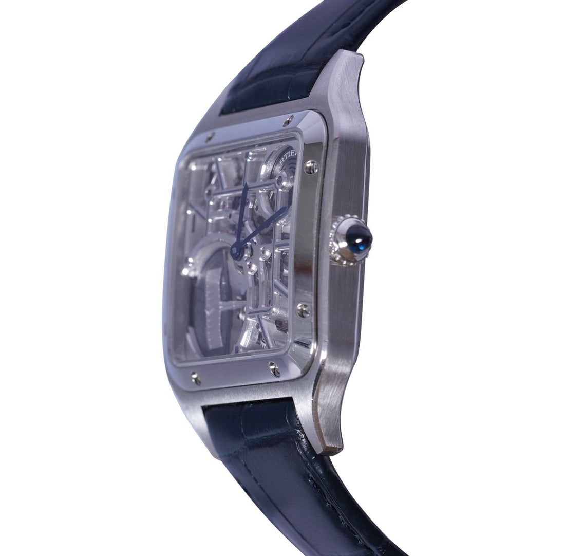 CARTIER SANTOS DUMONT SKELETON STAINLESS STEEL WHSA0032| BLUE HANDS| LEAHTER BAND|