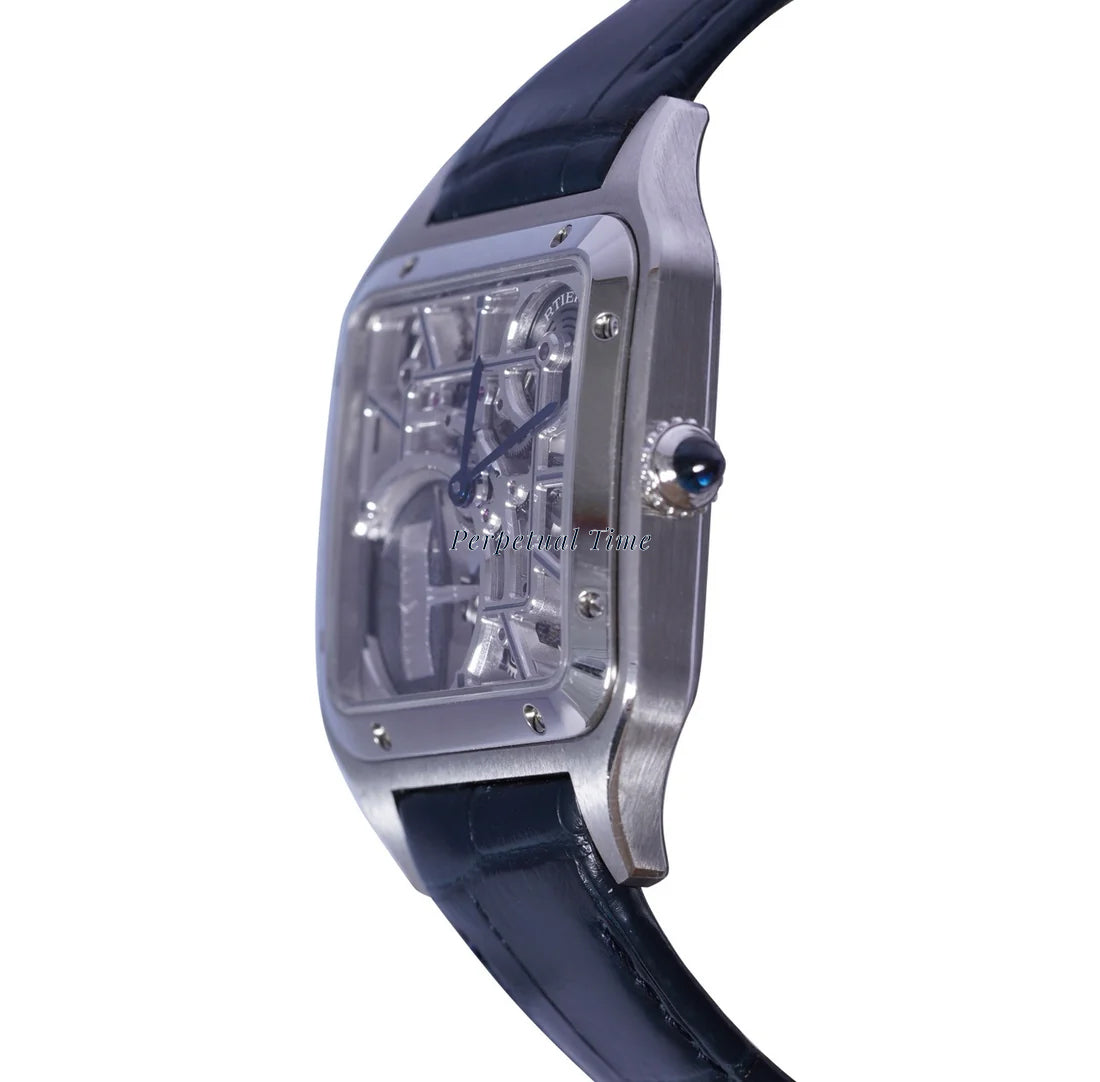 CARTIER SANTOS DUMONT SKELETON STAINLESS STEEL WHSA0032| BLUE HANDS| LEATHER BAND