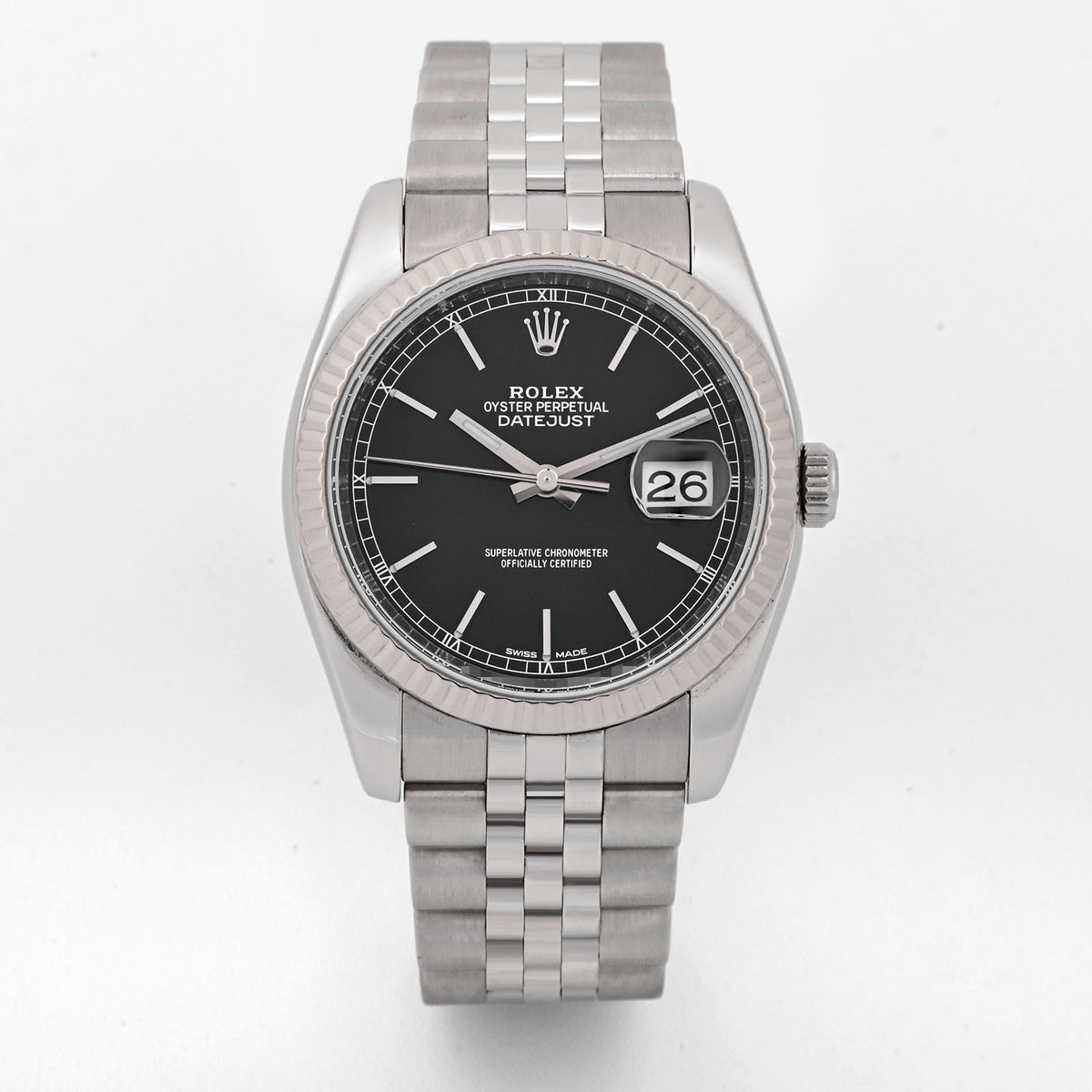 Rolex Datejust 36 Black Stick Dial 116234, Fluted Bezel on Jubilee