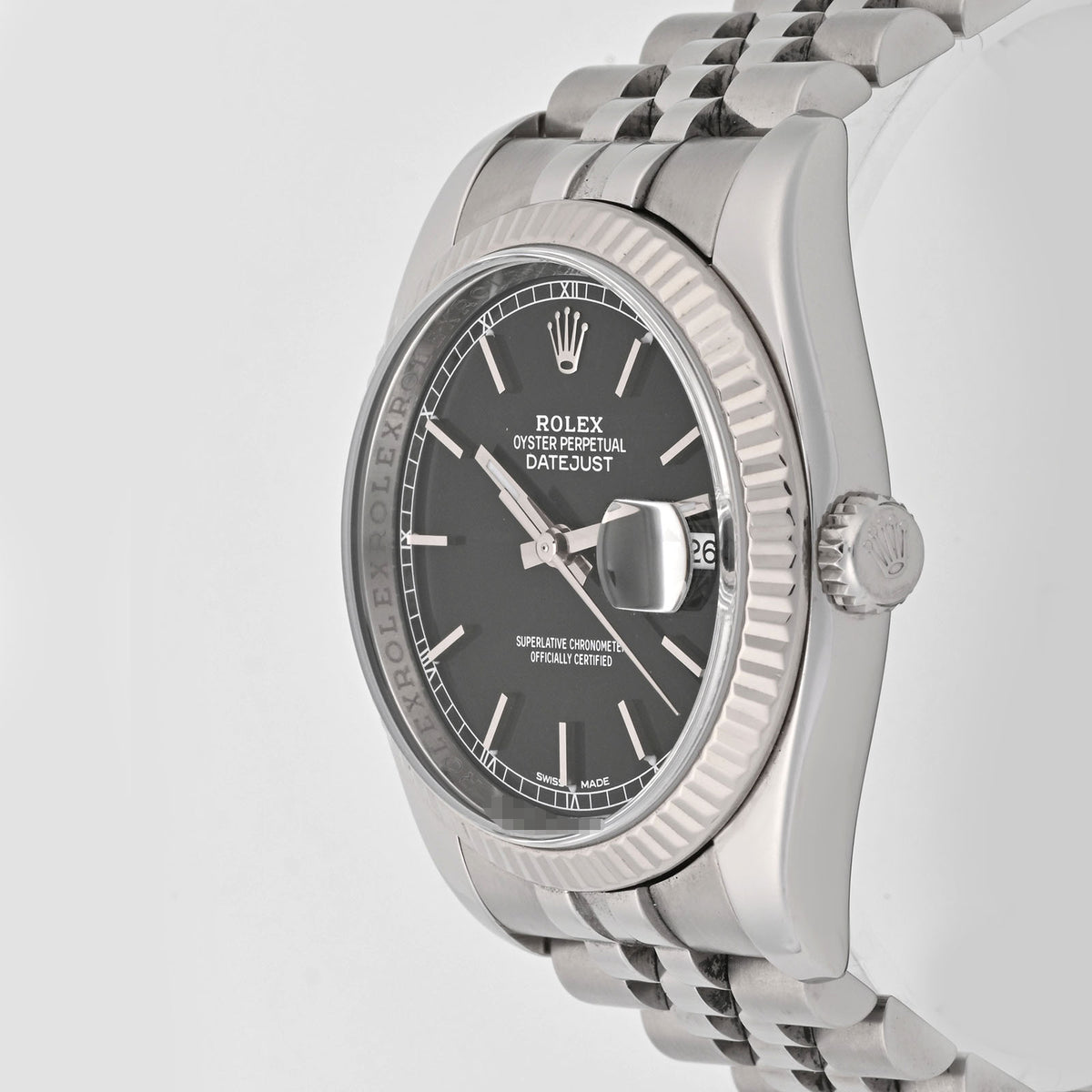 Rolex Datejust 36 Black Stick Dial 116234, Fluted Bezel on Jubilee