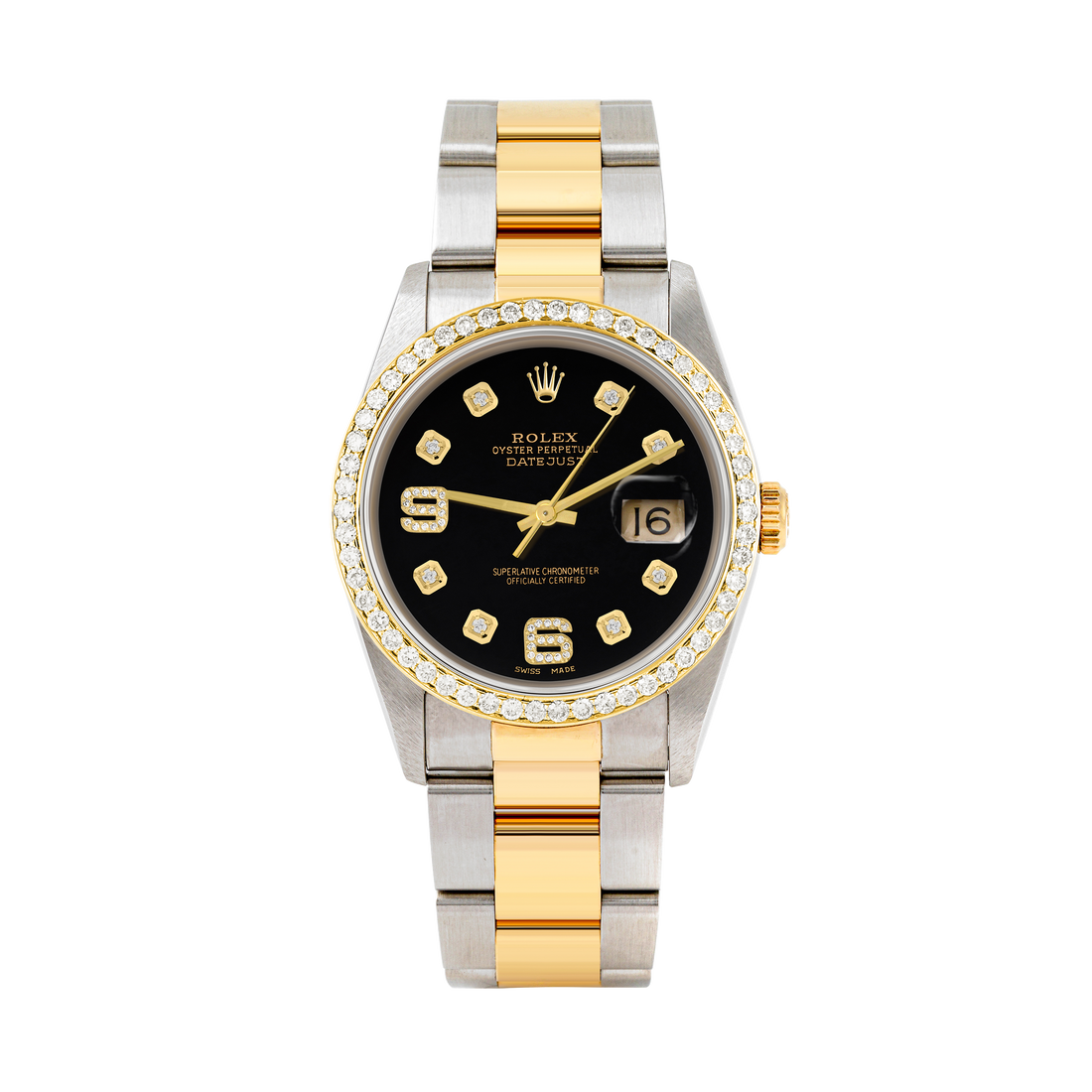 Rolex Datejust 36mm TWO TONE 16233 Black Dial |  6&9 Diamond  Hour Markers | 1ct Diamond Bezel