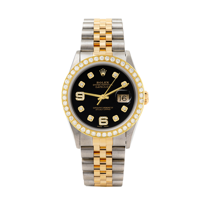 Rolex Datejust 36mm TWO TONE 16233 Black  Dial |  6&9 Diamond  Hour Markers | 2ct Diamond Bezel