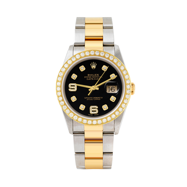 Rolex Datejust 36mm TWO TONE 16233 Black  Dial |  6&9 Diamond  Hour Markers | 2ct Diamond Bezel