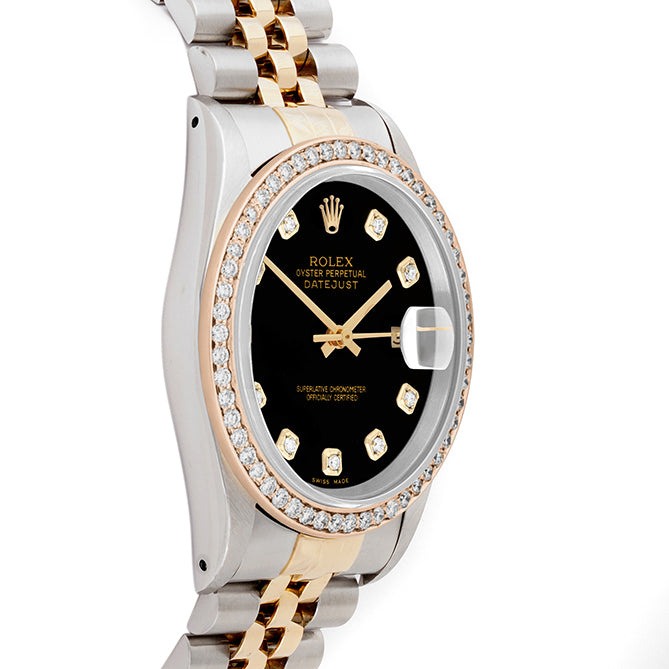 Rolex Datejust 36mm TWO TONE 16233 Black Dial |  Diamond Hour Markers | 1ct Diamond Bezel
