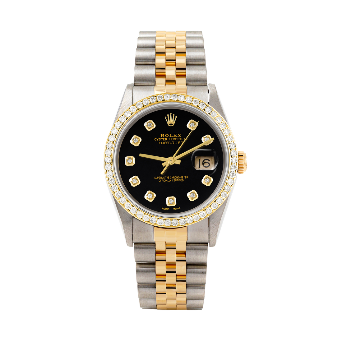Rolex Datejust 36mm TWO TONE 16233 Black Dial |  Diamond Hour Markers | 1ct Diamond Bezel
