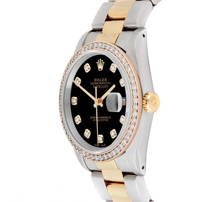 Rolex Datejust 36mm TWO TONE 16233 Black Dial |  Diamond Hour Markers | 1ct Diamond Bezel