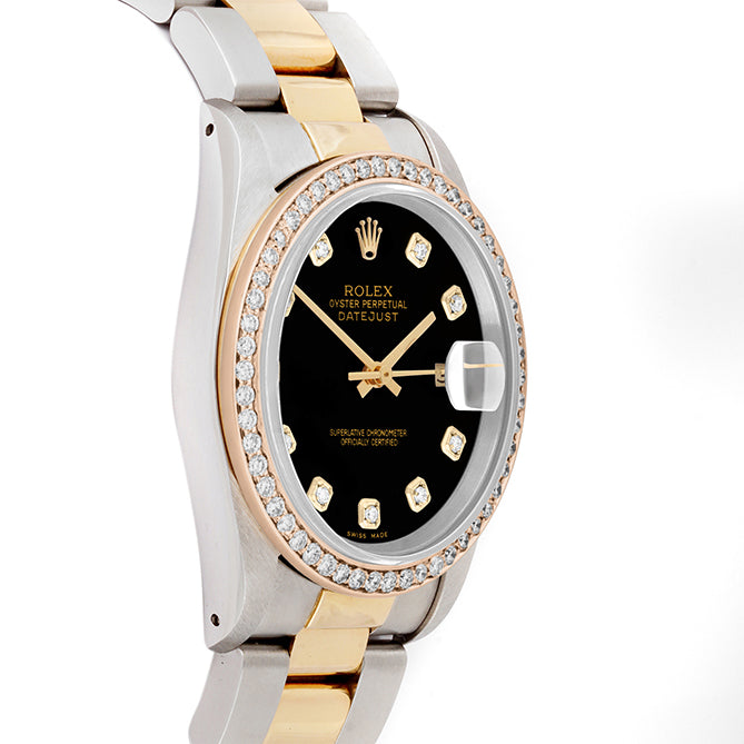Rolex Datejust 36mm TWO TONE 16233 Black Dial |  Diamond Hour Markers | 1ct Diamond Bezel