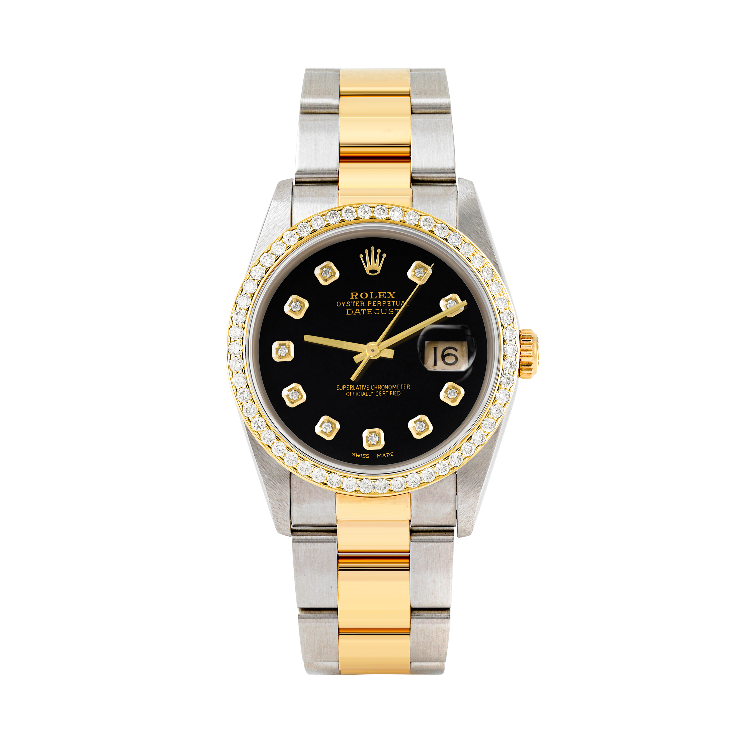 Rolex Datejust 36mm TWO TONE 16233 Black Dial |  Diamond Hour Markers | 1ct Diamond Bezel