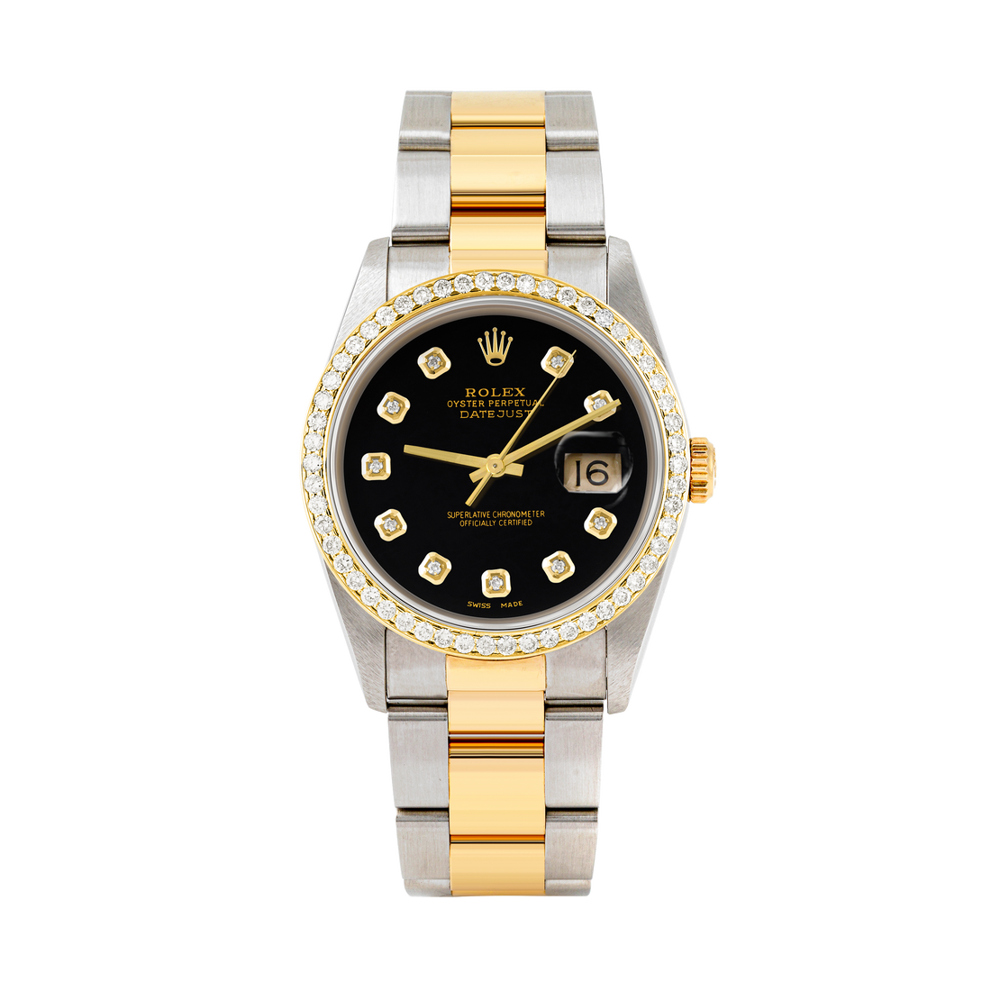 Rolex Datejust 36mm TWO TONE 16233 Black Dial |  Diamond Hour Markers | 1ct Diamond Bezel