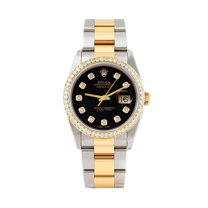 Rolex Datejust 36mm TWO TONE 16233 Black Dial |  Diamond Hour Markers | 1ct Diamond Bezel