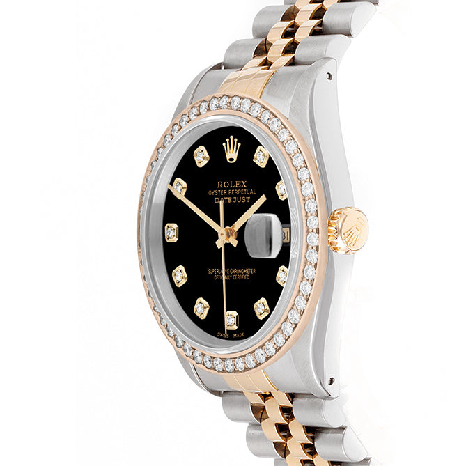 Rolex Datejust 36mm TWO TONE 16233 Black Dial | Diamond  Hour Markers | 1.8ct Diamond Bezel