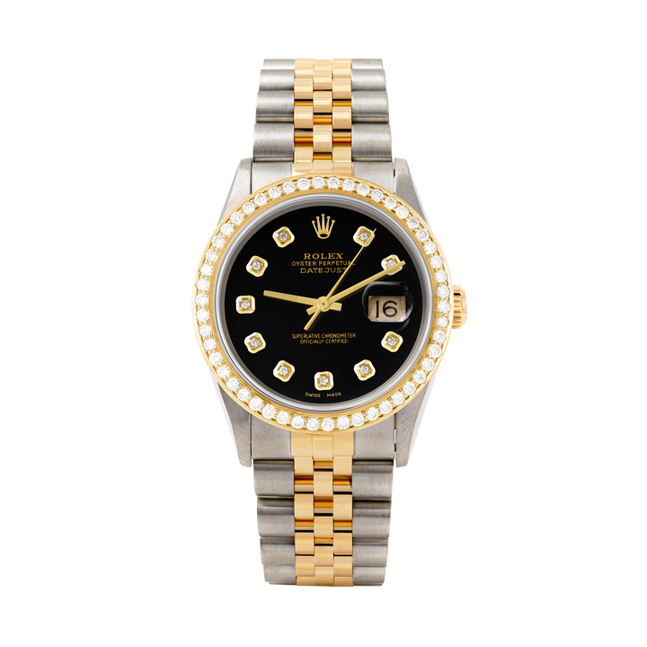 Rolex Datejust 36mm TWO TONE 16233 Black Dial | Diamond  Hour Markers | 1.8ct Diamond Bezel