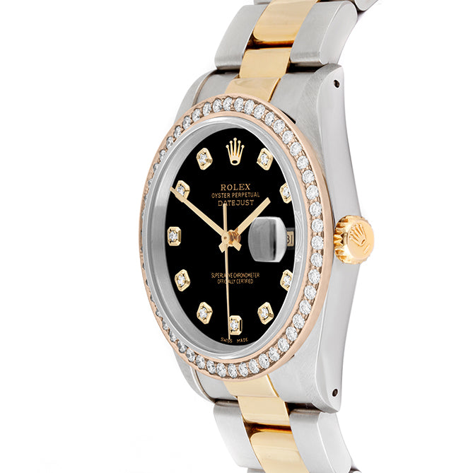Rolex Datejust 36mm TWO TONE 16233 Black Dial | Diamond  Hour Markers | 1.8ct Diamond Bezel