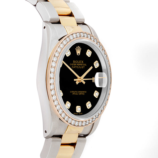 Rolex Datejust 36mm TWO TONE 16233 Black Dial | Diamond  Hour Markers | 1.8ct Diamond Bezel