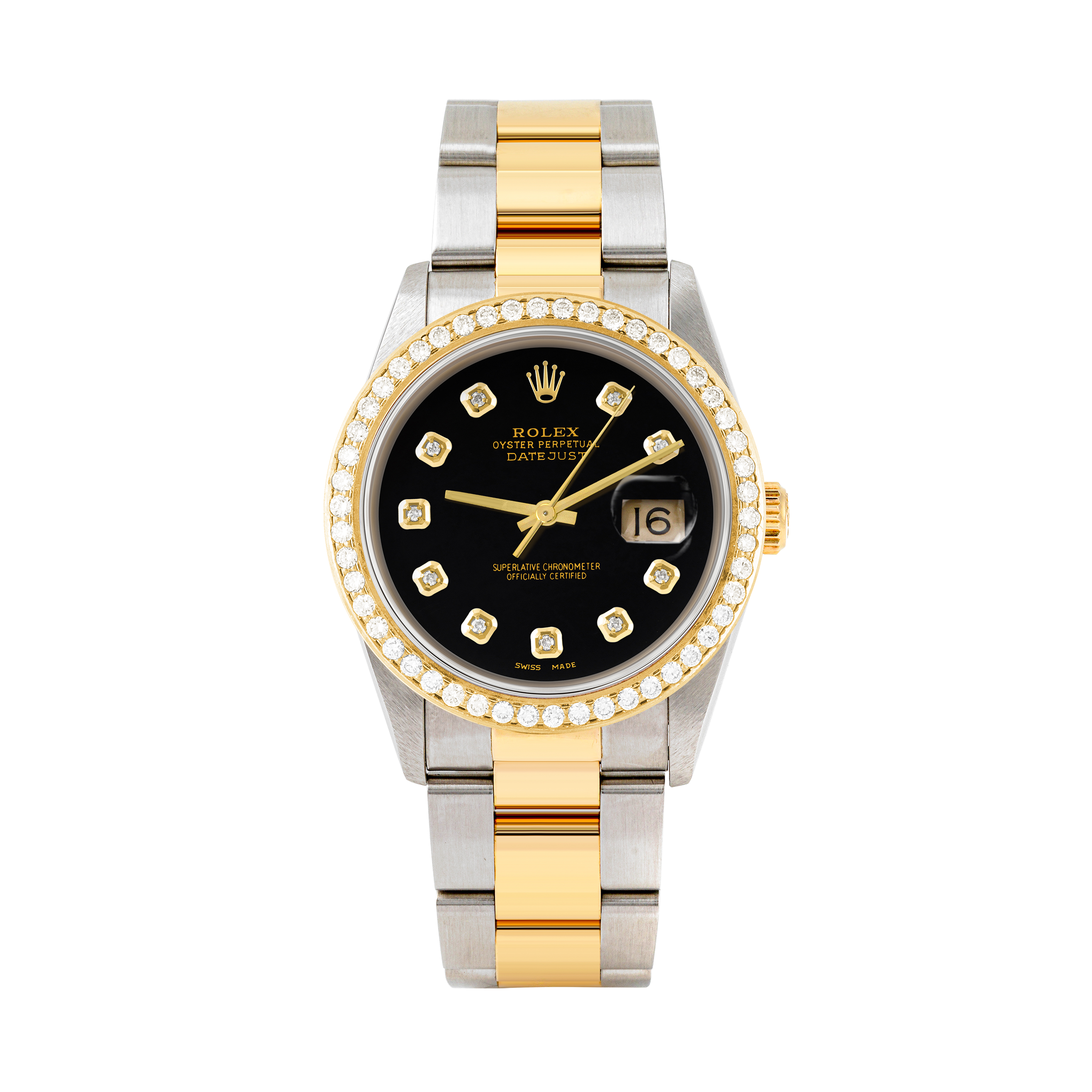 Rolex Datejust 36mm TWO TONE 16233 Black Dial | Diamond  Hour Markers | 1.8ct Diamond Bezel