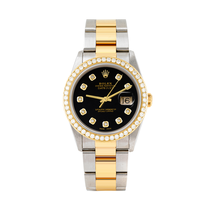 Rolex Datejust 36mm TWO TONE 16233 Black Dial | Diamond  Hour Markers | 1.8ct Diamond Bezel
