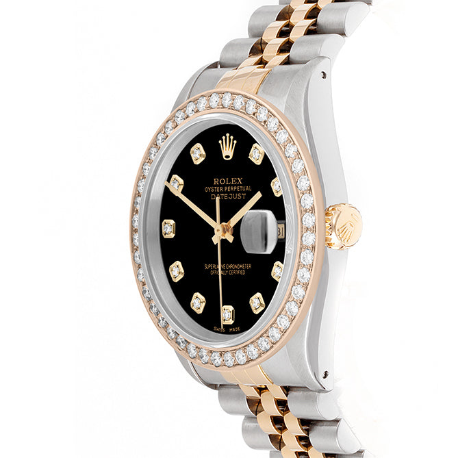 Rolex Datejust 36mm TWO TONE 16233 Black Dial | Diamond Hour Markers | 2ct Diamond Bezel