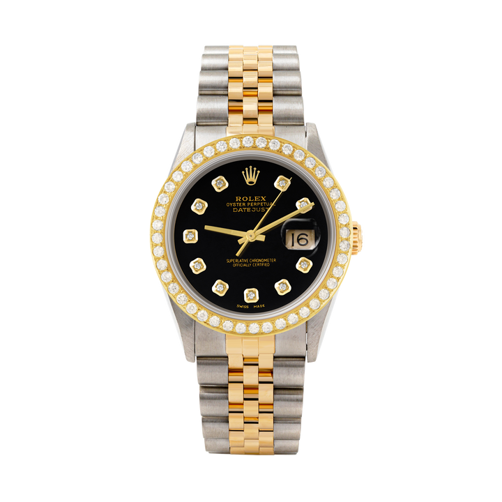 Rolex Datejust 36mm TWO TONE 16233 Black Dial | Diamond Hour Markers | 2ct Diamond Bezel