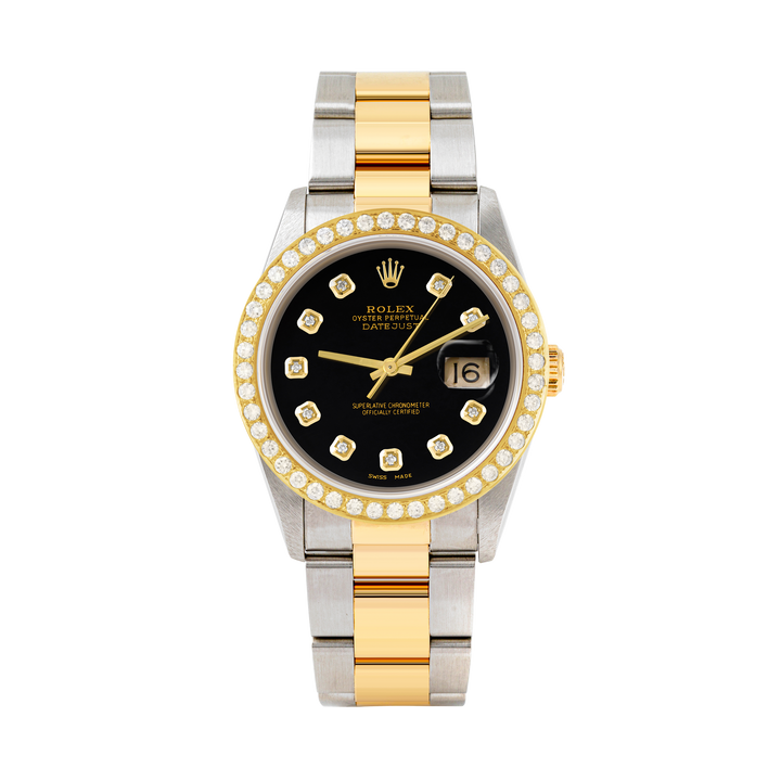 Rolex Datejust 36mm TWO TONE 16233 Black Dial | Diamond Hour Markers | 2ct Diamond Bezel