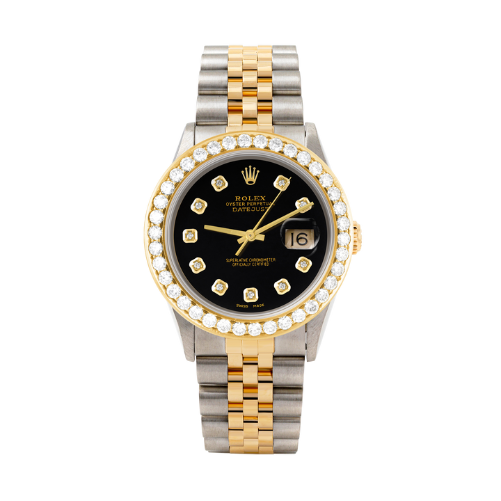 Rolex Datejust 36mm TWO TONE 16233 Black Dial | Diamond Hour Markers | 2.5ct Diamond Bezel
