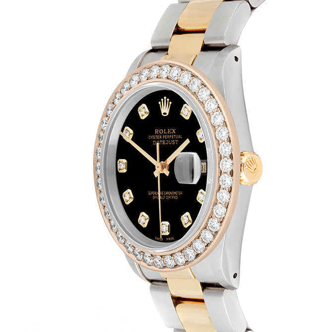 Rolex Datejust 36mm TWO TONE 16233 Black Dial | Diamond Hour Markers | 2.5ct Diamond Bezel