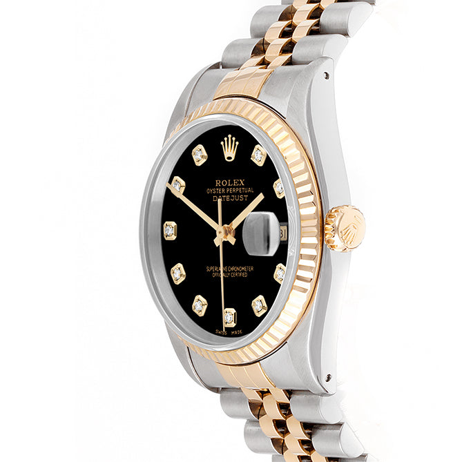 Rolex Datejust 36mm TWO TONE 16233 Black Dial | Diamond  Hour Markers | Fluted Bezel