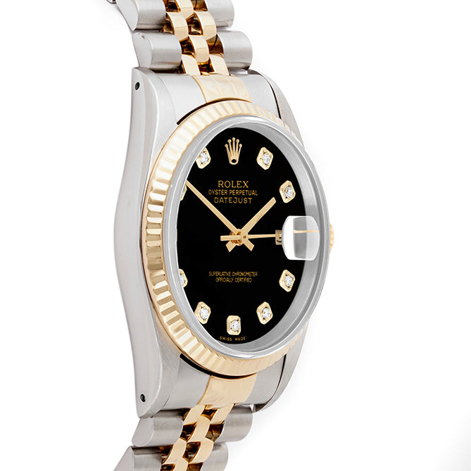 Rolex Datejust 36mm TWO TONE 16233 Black Dial | Diamond  Hour Markers | Fluted Bezel