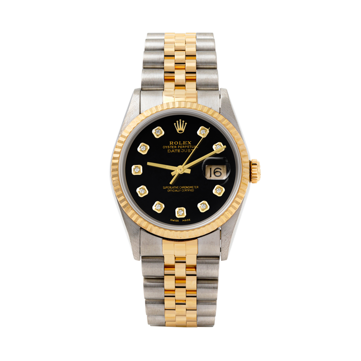 Rolex Datejust 36mm TWO TONE 16233 Black Dial | Diamond  Hour Markers | Fluted Bezel