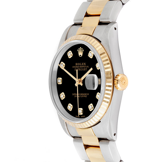 Rolex Datejust 36mm TWO TONE 16233 Black Dial | Diamond  Hour Markers | Fluted Bezel