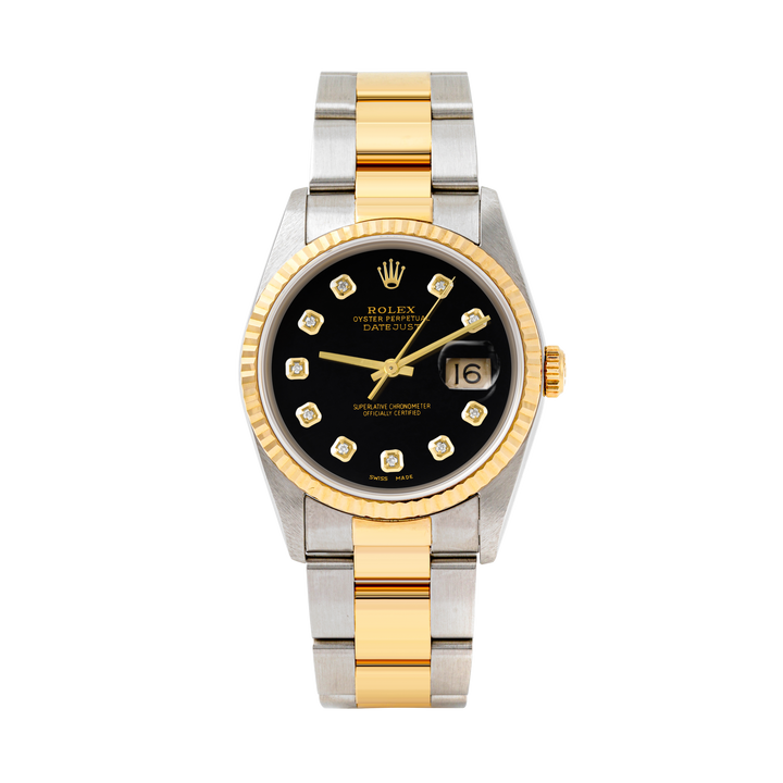 Rolex Datejust 36mm TWO TONE 16233 Black Dial | Diamond  Hour Markers | Fluted Bezel